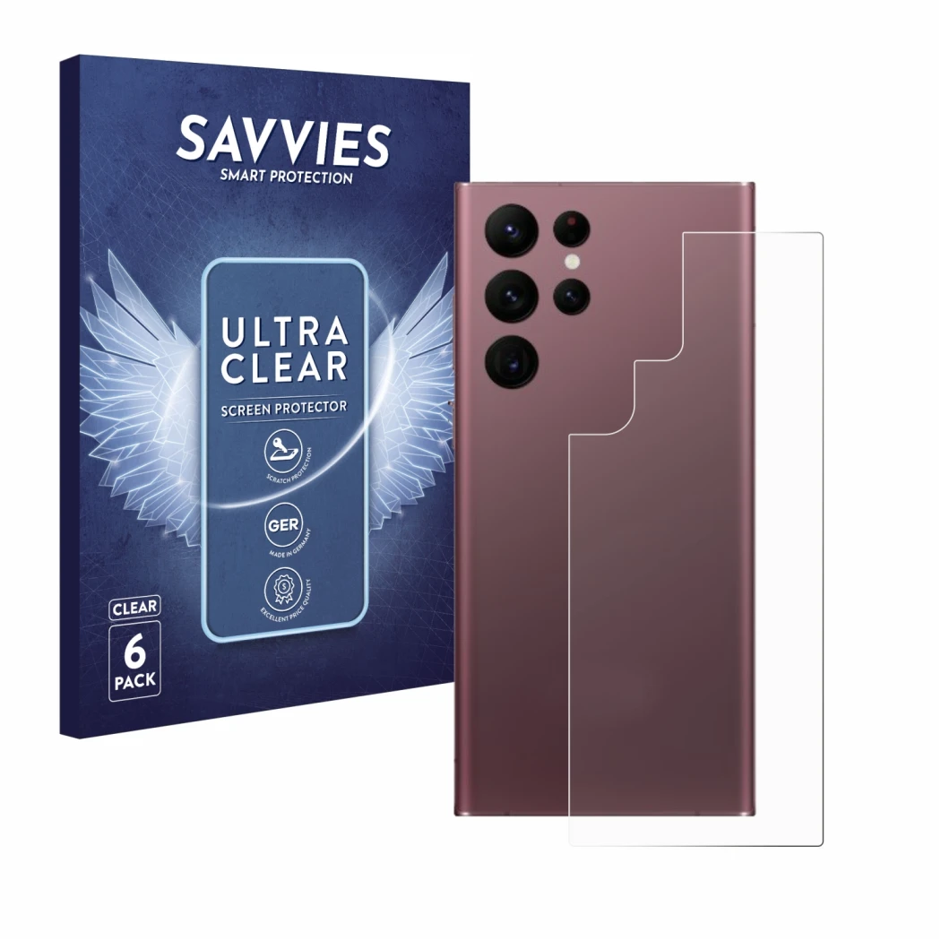 Vorderseite einer Produktverpackung mit dem Markenlogo Savvies. Daneben ist das Gerät Samsung Galaxy S22 Ultra 5G (Rückseite) 