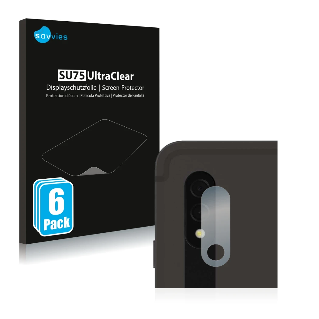 Vorderseite einer Produktverpackung mit dem Markenlogo Savvies. Daneben ist das Gerät Samsung Galaxy Tab S8 Plus WiFi (NUR Kam