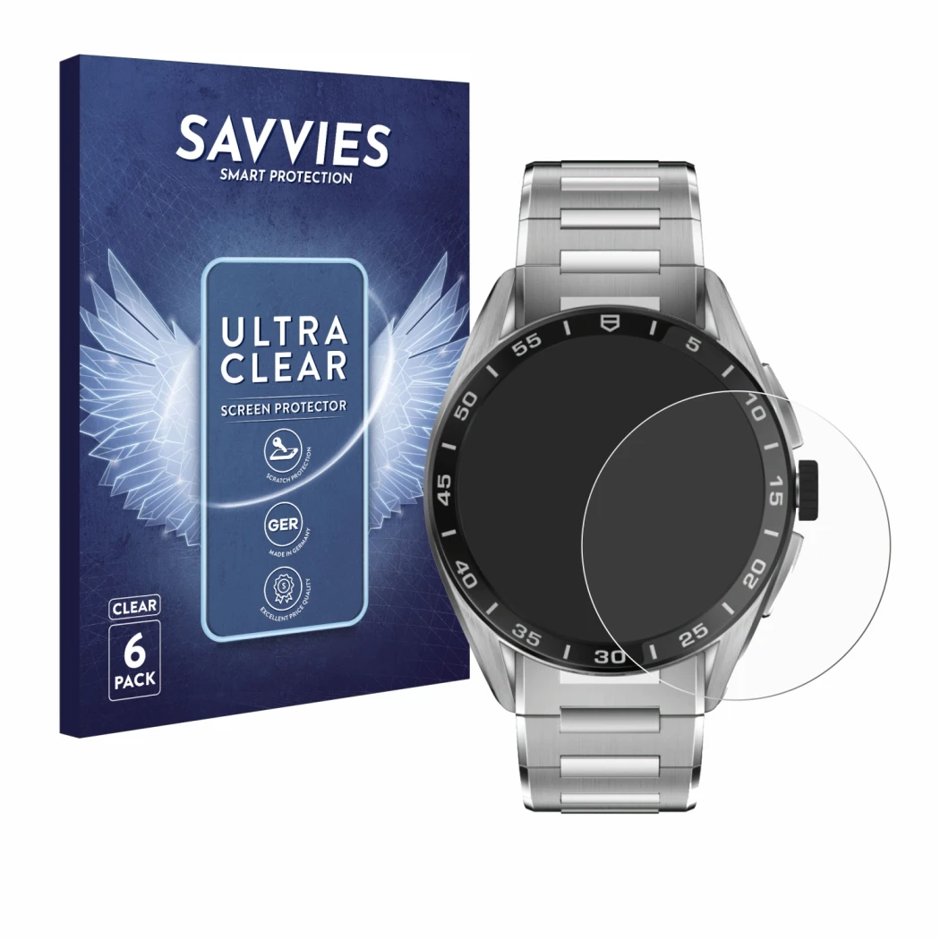 Vorderseite einer Produktverpackung mit dem Markenlogo Savvies. Daneben ist das Gerät TAG Heuer Connected Calibre E4 (45 mm) m