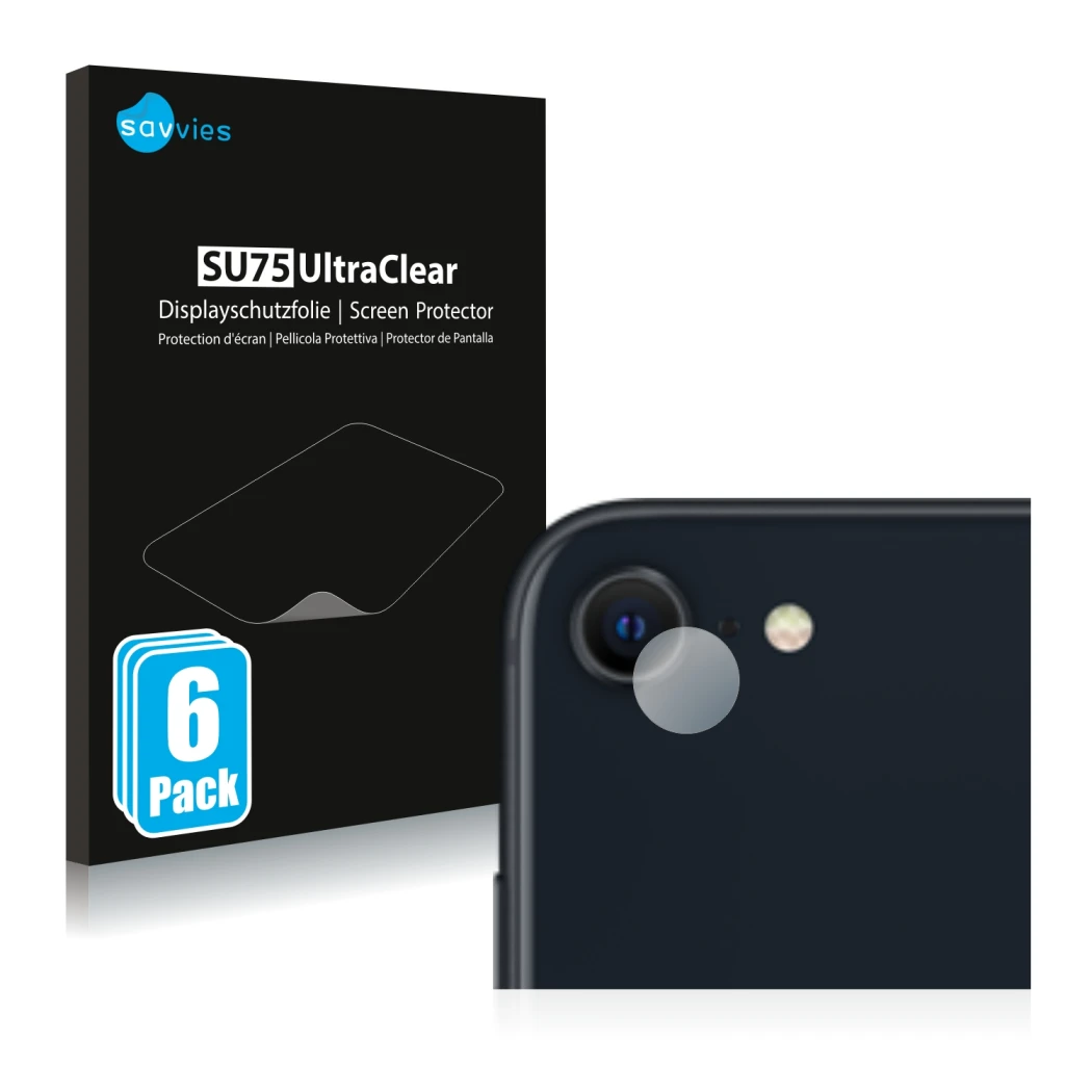 Vorderseite einer Produktverpackung mit dem Markenlogo Savvies. Daneben ist das Gerät Apple iPhone SE 3 2022 (NUR Kameraschutz