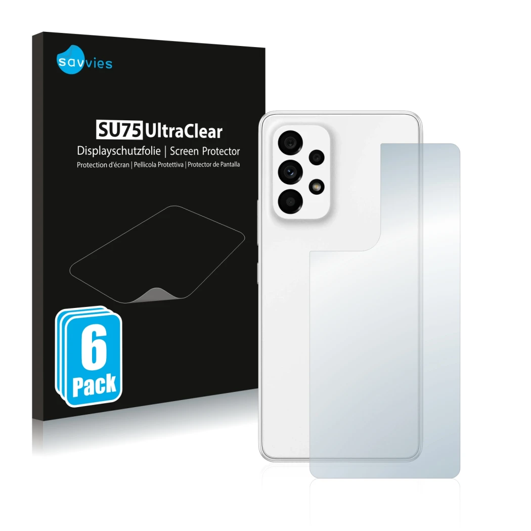 Vorderseite einer Produktverpackung mit dem Markenlogo Savvies. Daneben ist das Gerät Samsung Galaxy A53 5G (Rückseite) mit de