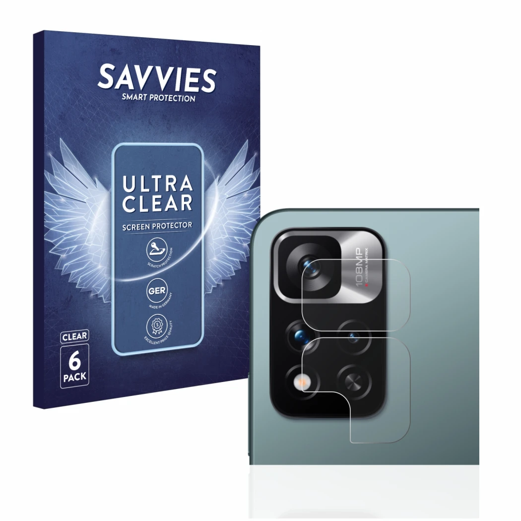 Vorderseite einer Produktverpackung mit dem Markenlogo Savvies. Daneben ist das Gerät Xiaomi Redmi Note 11 Pro+ 5G (NUR Kamera