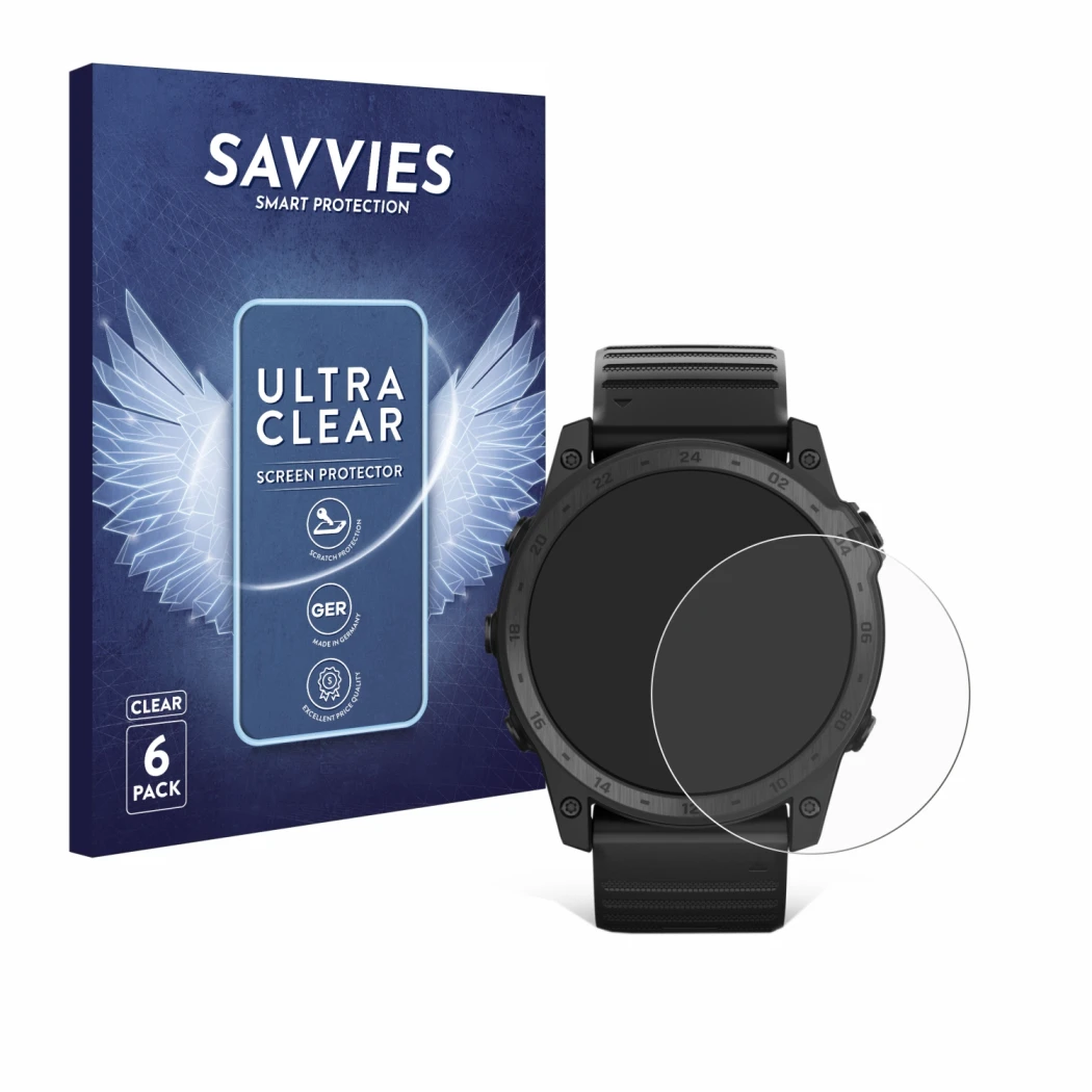 Vorderseite einer Produktverpackung mit dem Markenlogo Savvies. Daneben ist das Gerät Garmin Tactix 7 Pro Ballistics mit dem z