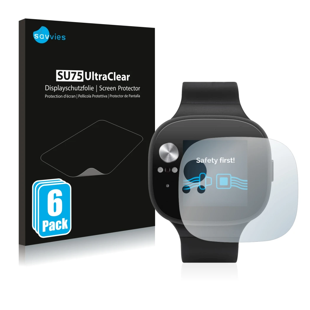 Vorderseite einer Produktverpackung mit dem Markenlogo Savvies. Daneben ist das Gerät ASUS Vivowatch BP mit dem zugehörigen Di