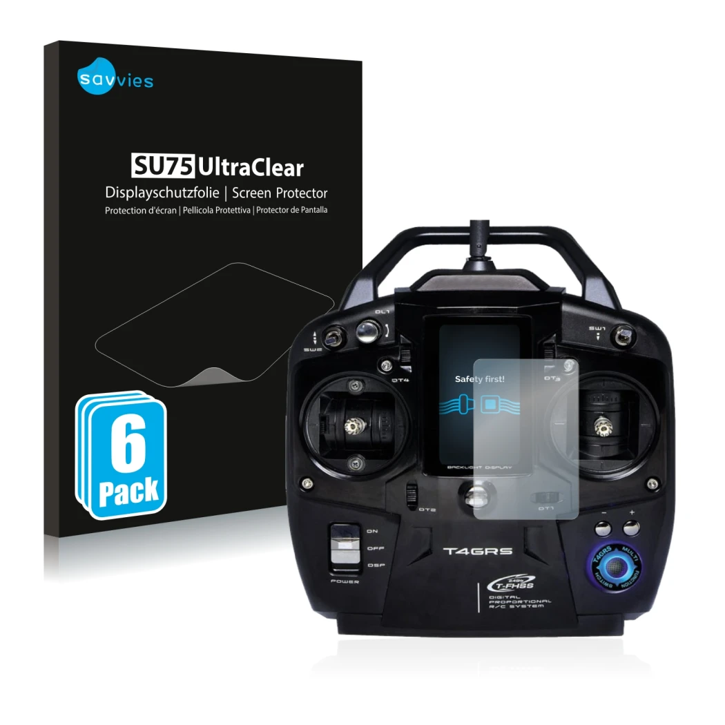 Vorderseite einer Produktverpackung mit dem Markenlogo Savvies. Daneben ist das Gerät Futaba T4GRS mit dem zugehörigen Display