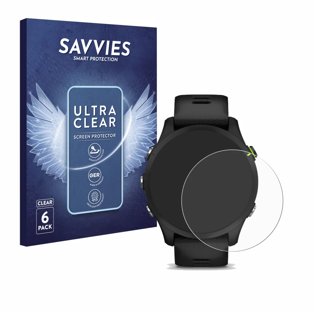 Vorderseite einer Produktverpackung mit dem Markenlogo Savvies. Daneben ist das Gerät Garmin Forerunner 255 mit dem zugehörige