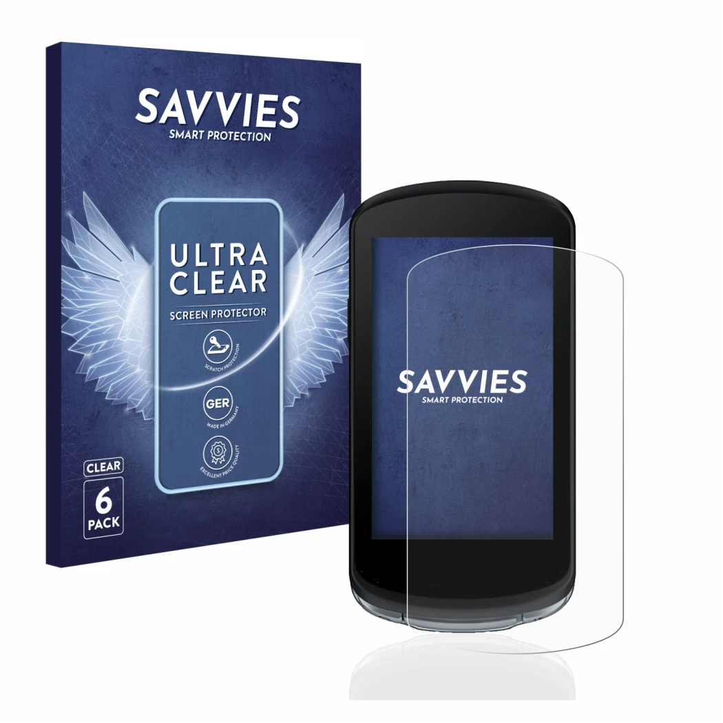 Vorderseite einer Produktverpackung mit dem Markenlogo Savvies. Daneben ist das Gerät Garmin Edge 1040 mit dem zugehörigen Dis