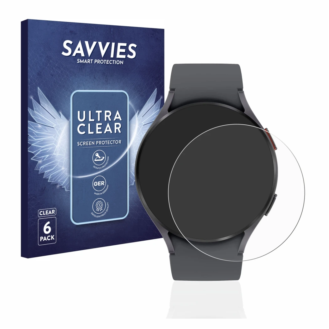 Vorderseite einer Produktverpackung mit dem Markenlogo Savvies. Daneben ist das Gerät Samsung Galaxy Watch 5 (44mm) mit dem zu