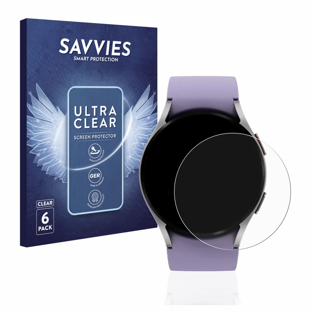 Vorderseite einer Produktverpackung mit dem Markenlogo Savvies. Daneben ist das Gerät Samsung Galaxy Watch 5 (40mm) mit dem zu