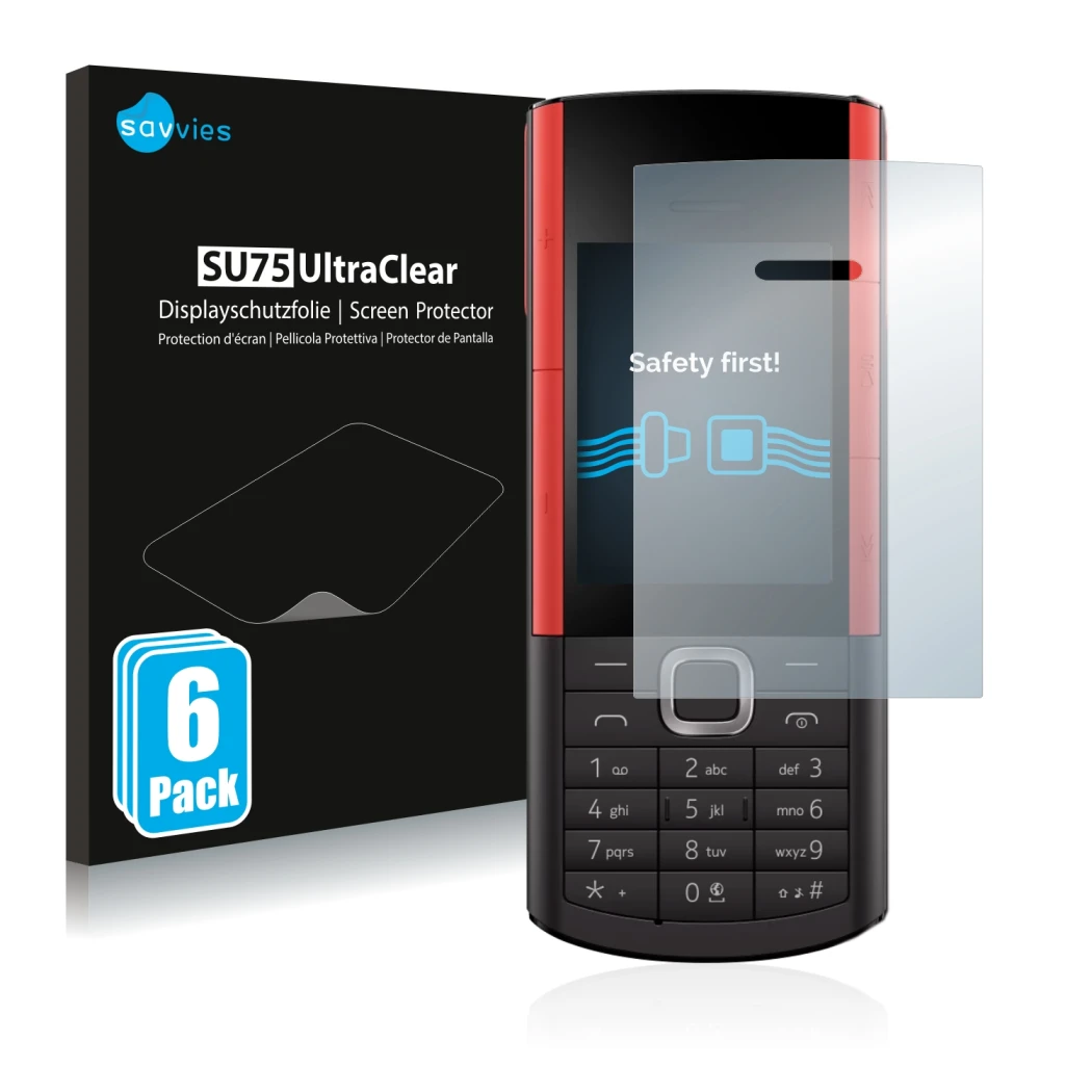 Vorderseite einer Produktverpackung mit dem Markenlogo Savvies. Daneben ist das Gerät Nokia 5710 XA mit dem zugehörigen Displa