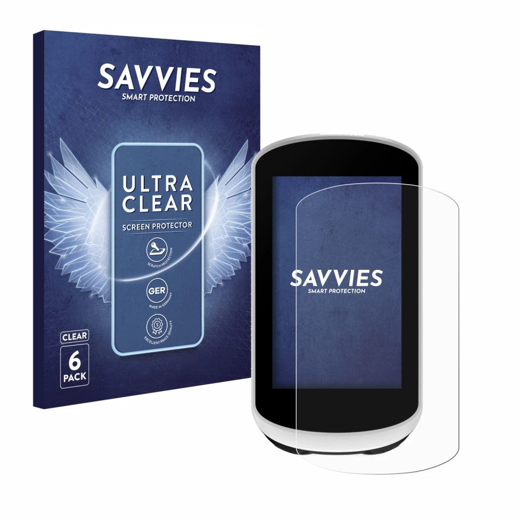 Vorderseite einer Produktverpackung mit dem Markenlogo Savvies. Daneben ist das Gerät Garmin Edge Explore 2 mit dem zugehörige