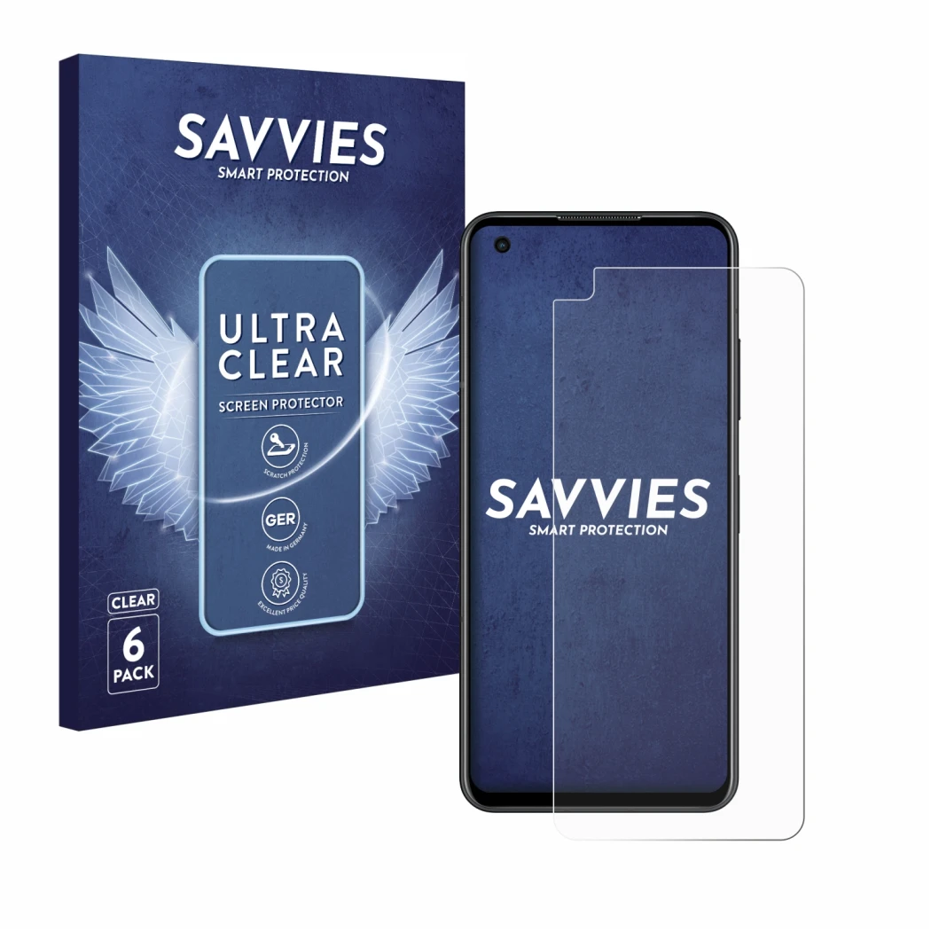 Vorderseite einer Produktverpackung mit dem Markenlogo Savvies. Daneben ist das Gerät ASUS ZenFone 9 mit dem zugehörigen Displ