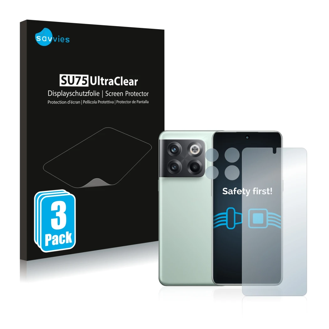 Vorderseite einer Produktverpackung mit dem Markenlogo Savvies. Daneben ist das Gerät OnePlus 10T 5G (Display+Kamera) mit dem 