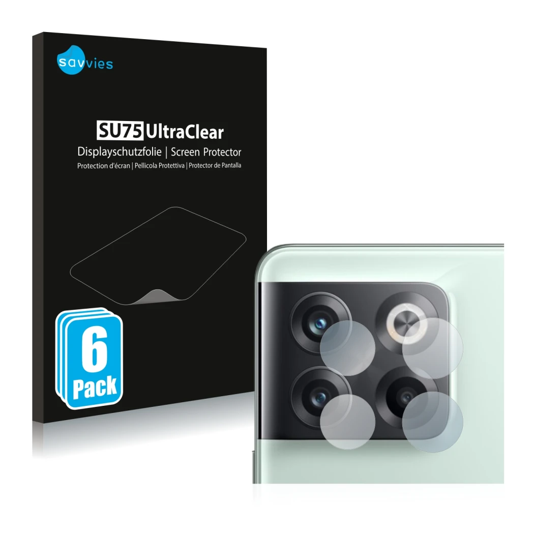 Vorderseite einer Produktverpackung mit dem Markenlogo Savvies. Daneben ist das Gerät OnePlus 10T 5G (NUR Kameraschutz) mit de