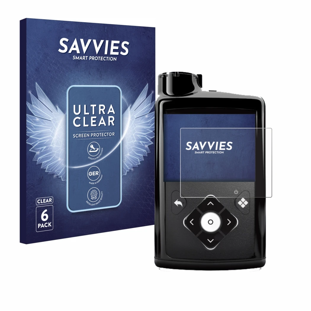 Vorderseite einer Produktverpackung mit dem Markenlogo Savvies. Daneben ist das Gerät Medtronic Minimed 780G mit dem zugehörig