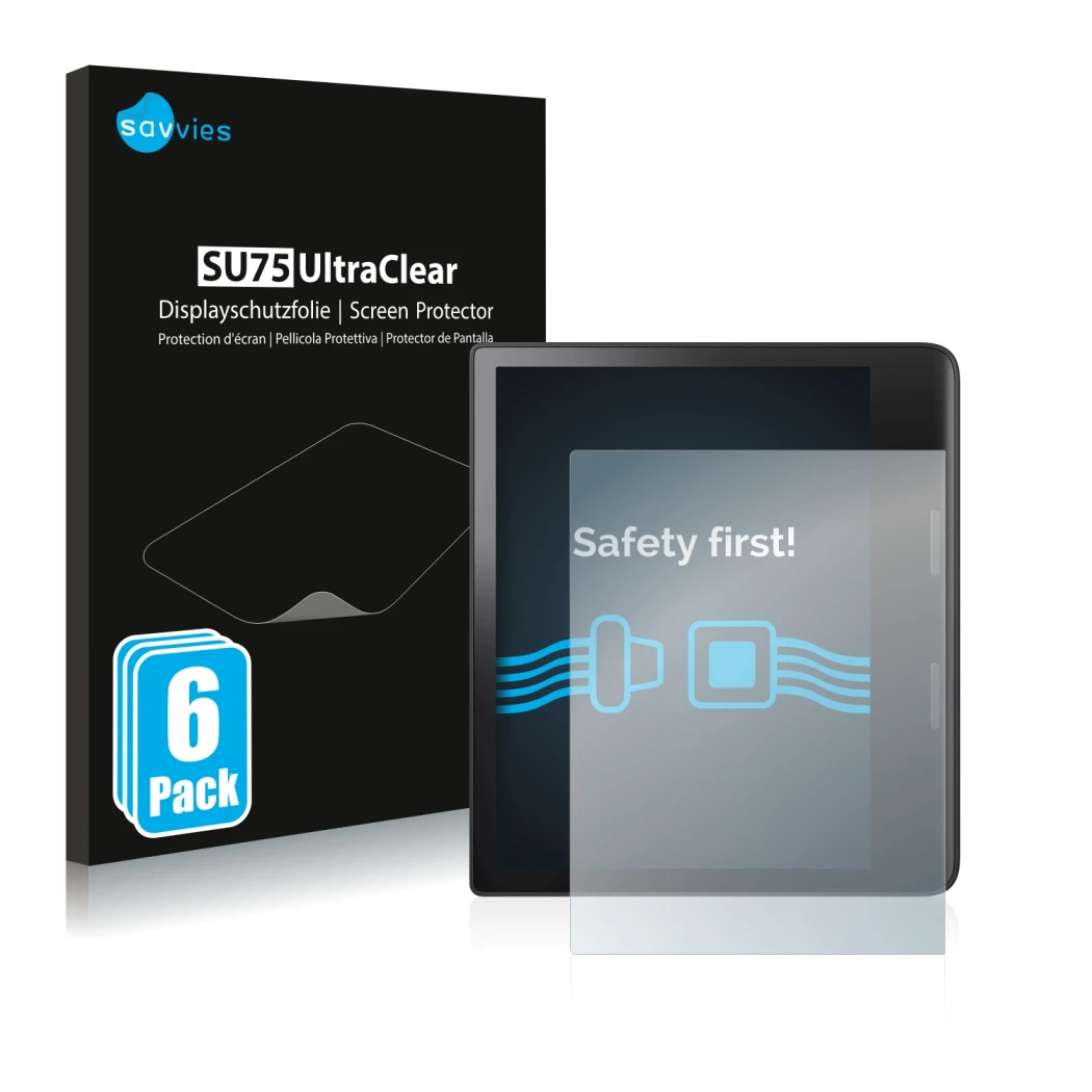 Vorderseite einer Produktverpackung mit dem Markenlogo Savvies. Daneben ist das Gerät Tolino Epos 3 mit dem zugehörigen Displa