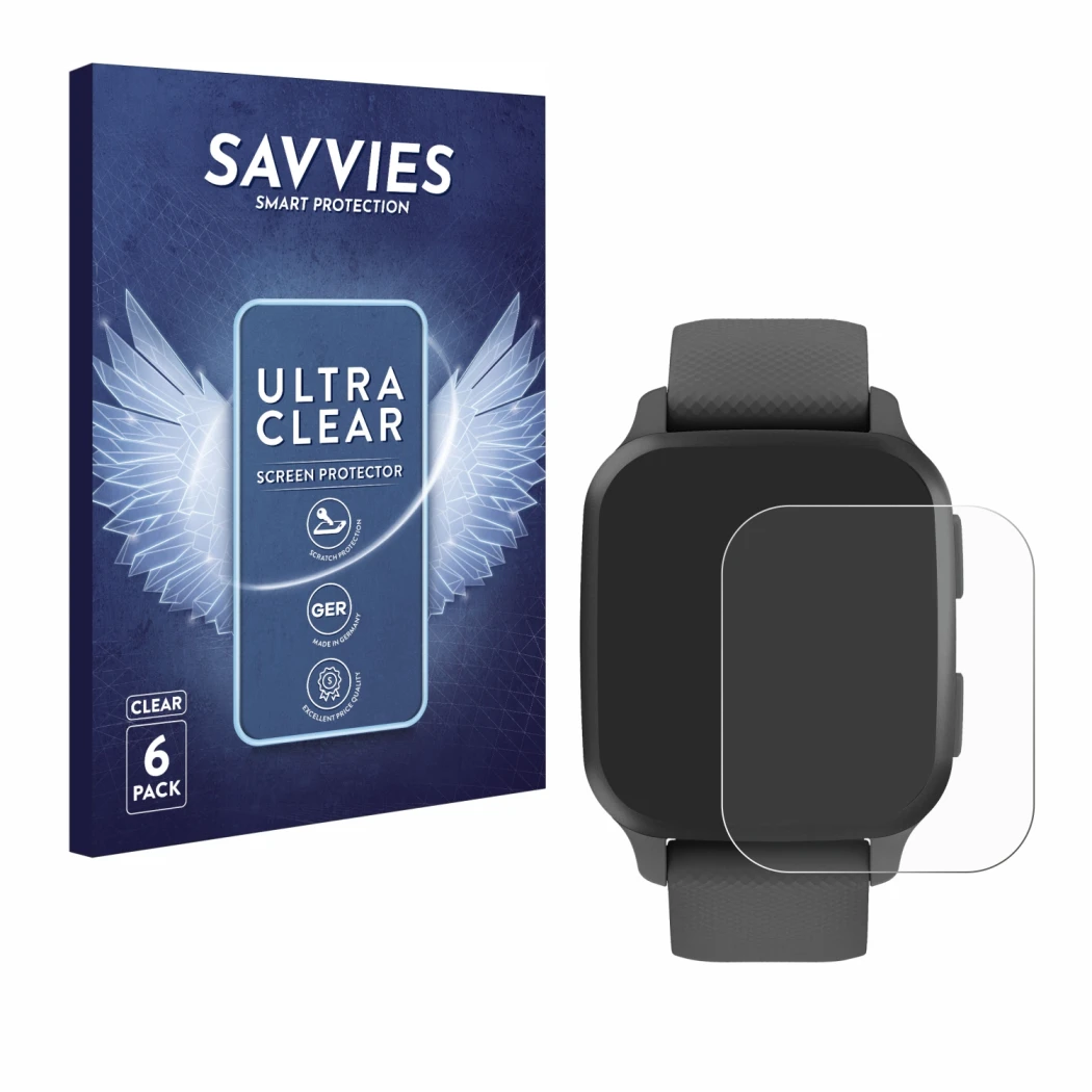 Vorderseite einer Produktverpackung mit dem Markenlogo Savvies. Daneben ist das Gerät Garmin Venu Sq 2 mit dem zugehörigen Dis