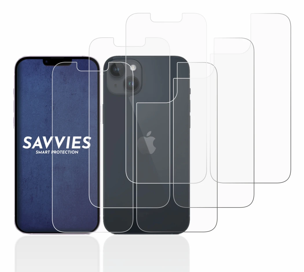 Abbildung des Geräts Apple iPhone 14 (Display+Rückseite) mit einer Vielzahl des Displayschutzes.