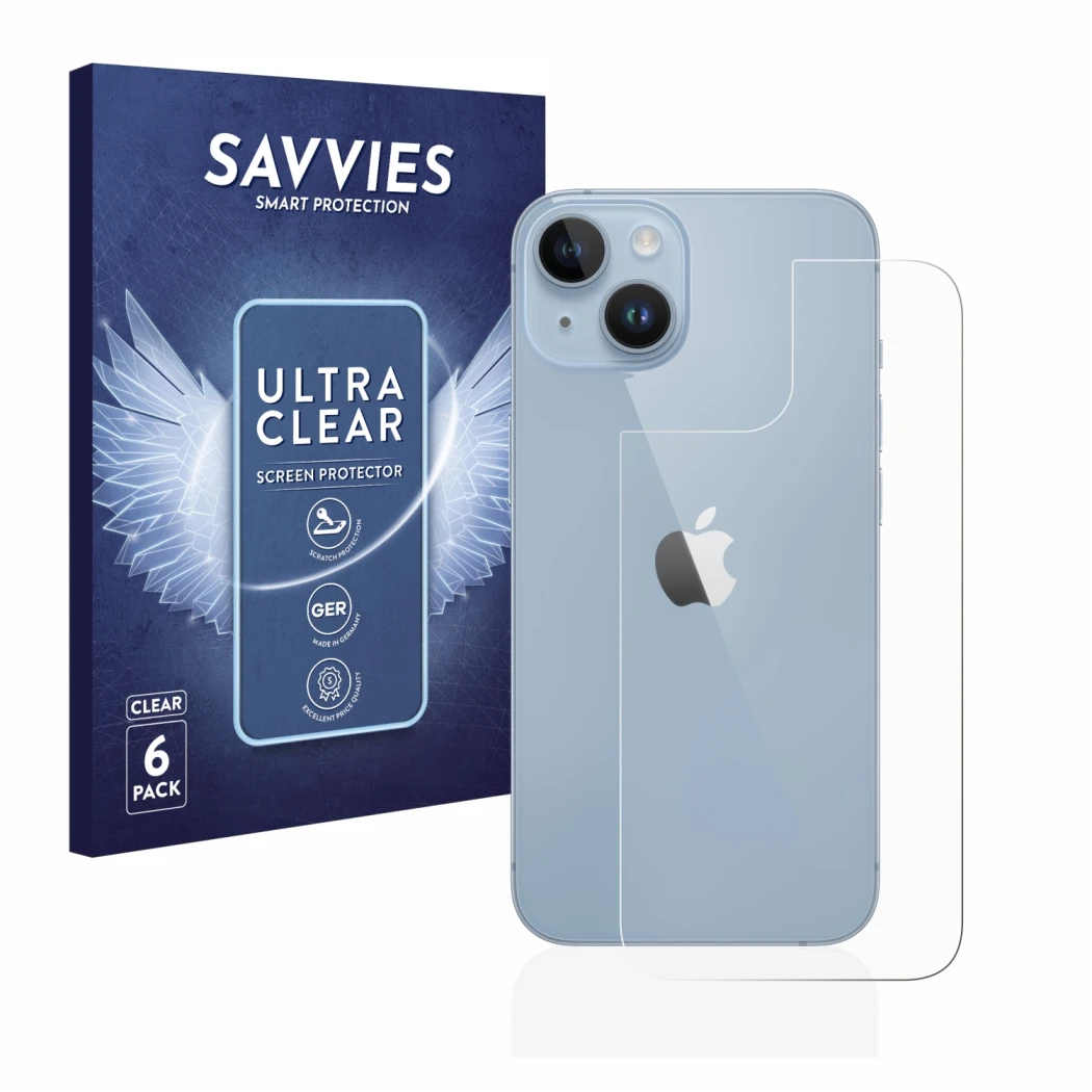 Vorderseite einer Produktverpackung mit dem Markenlogo Savvies. Daneben ist das Gerät Apple iPhone 14 (Rückseite) mit dem zuge