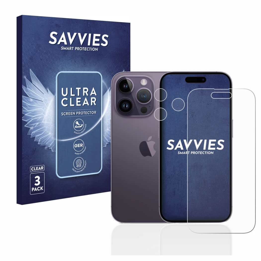 Vorderseite einer Produktverpackung mit dem Markenlogo Savvies. Daneben ist das Gerät Apple iPhone 14 Pro (Display+Kamera) mit