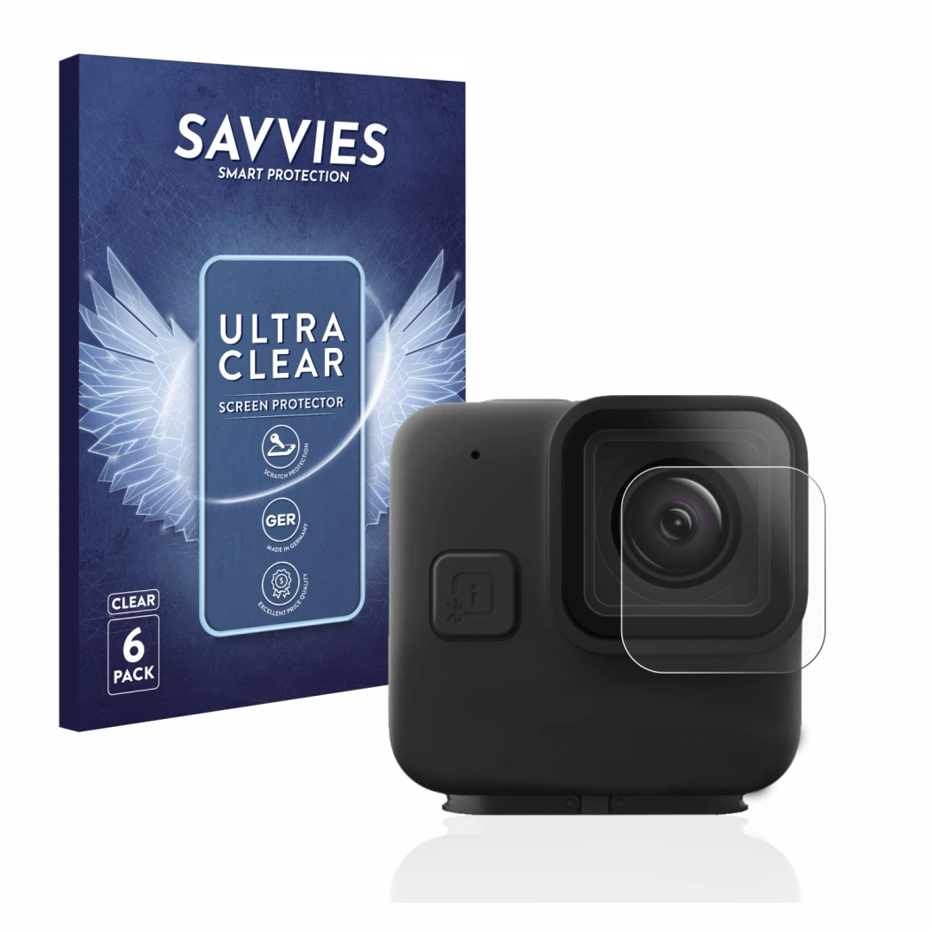Vorderseite einer Produktverpackung mit dem Markenlogo Savvies. Daneben ist das Gerät GoPro Hero 11 mini Linse (Gehäuse) mit d