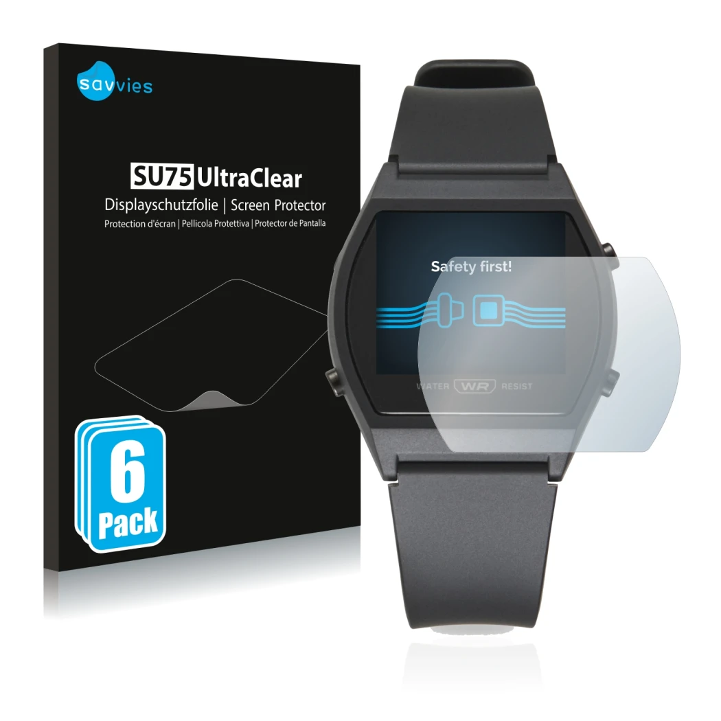 Vorderseite einer Produktverpackung mit dem Markenlogo Savvies. Daneben ist das Gerät Casio LW-204-1BEF mit dem zugehörigen Di