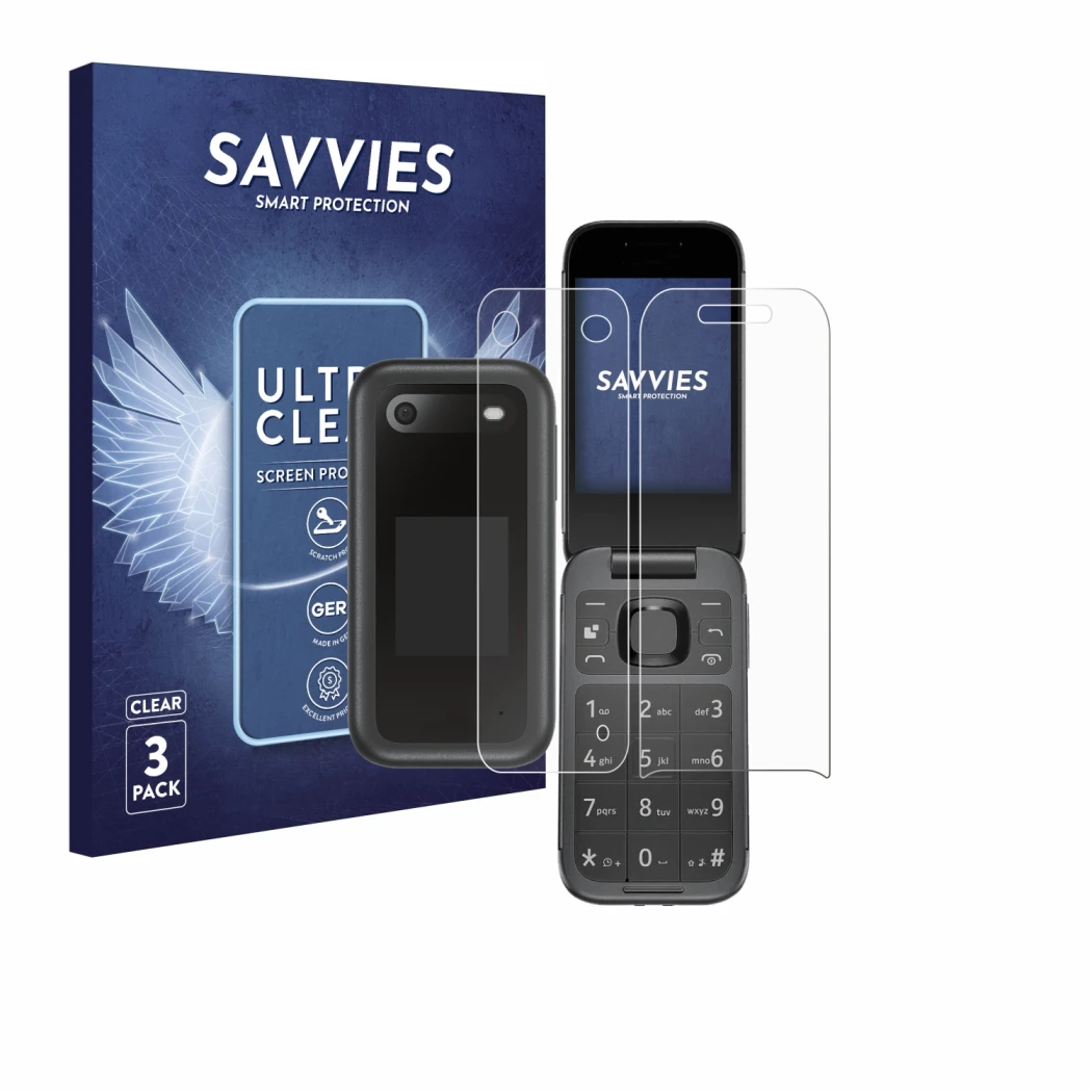 Vorderseite einer Produktverpackung mit dem Markenlogo Savvies. Daneben ist das Gerät Nokia 2660 Flip (Display+Rückseite) mit 
