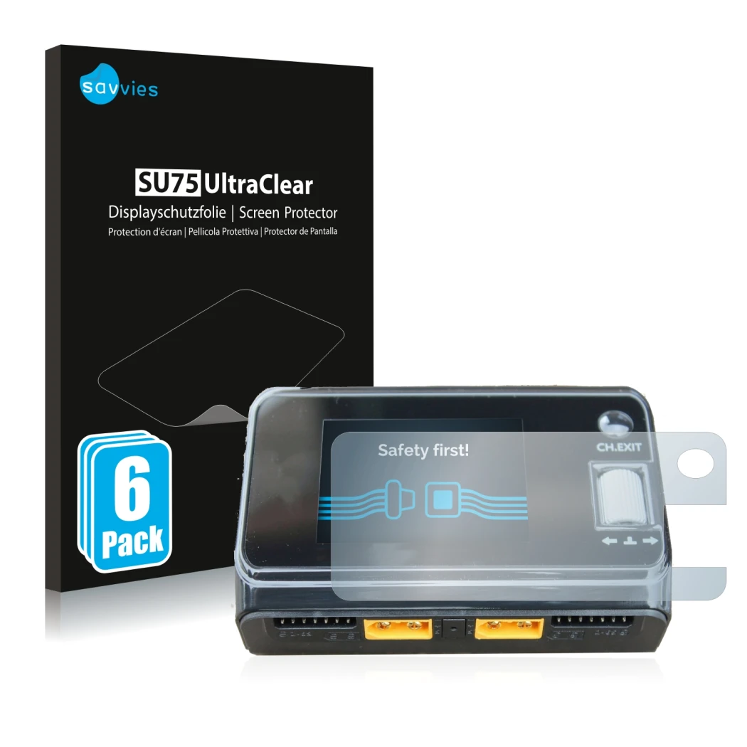 Vorderseite einer Produktverpackung mit dem Markenlogo Savvies. Daneben ist das Gerät ToolkitRC M6D Dual Charger mit dem zugeh