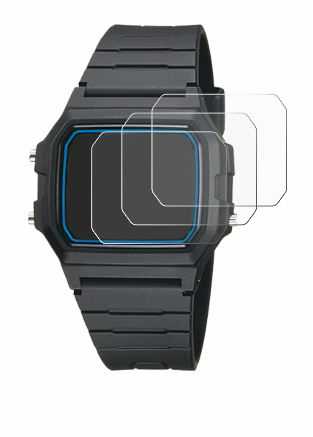 Abbildung des Geräts Casio F-105W-1AWYEF mit einer Vielzahl des Displayschutzes.