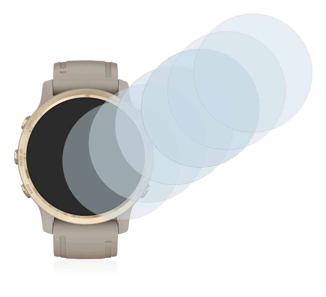 Abbildung des Geräts Garmin Fenix 6S Pro Solar mit einer Vielzahl des Displayschutzes.