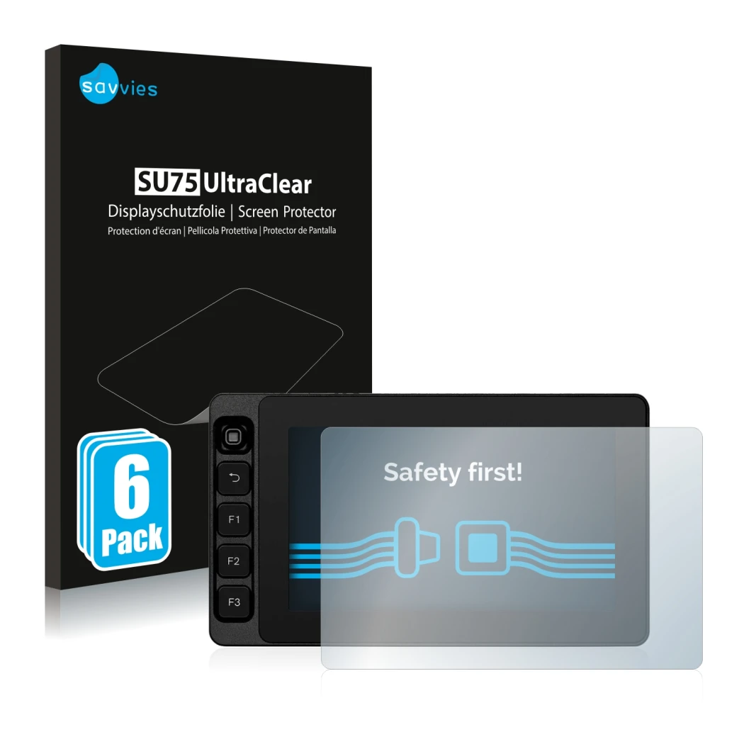 Vorderseite einer Produktverpackung mit dem Markenlogo Savvies. Daneben ist das Gerät SmallHD Ultra 5 mit dem zugehörigen Disp