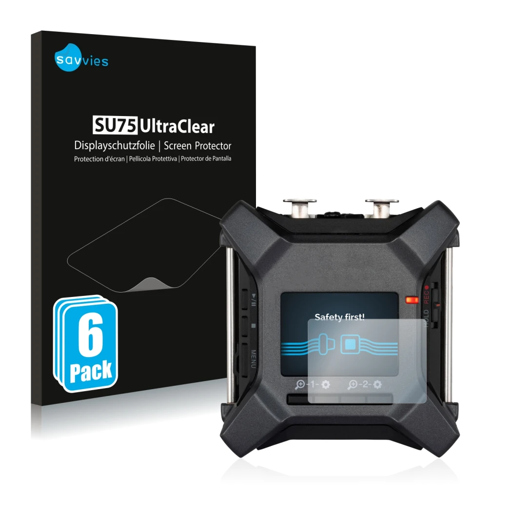 Vorderseite einer Produktverpackung mit dem Markenlogo Savvies. Daneben ist das Gerät Zoom F3 field recorder mit dem zugehörig