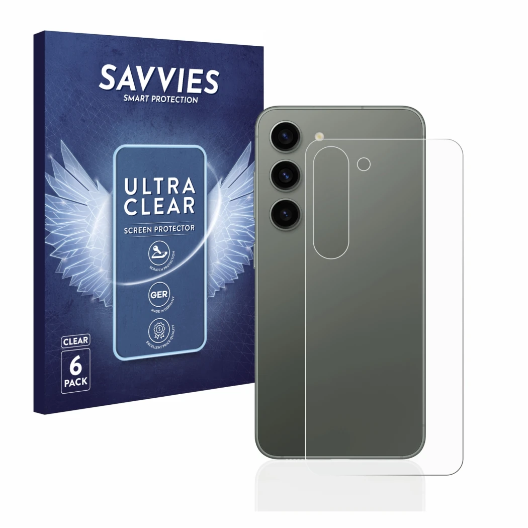 Vorderseite einer Produktverpackung mit dem Markenlogo Savvies. Daneben ist das Gerät Samsung Galaxy S23 (Rückseite) mit dem z