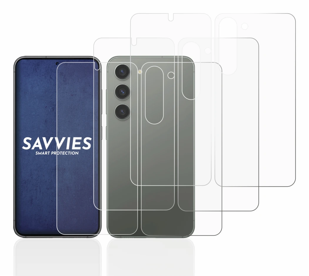 Abbildung des Geräts Samsung Galaxy S23 (Display+Rückseite) mit einer Vielzahl des Displayschutzes.