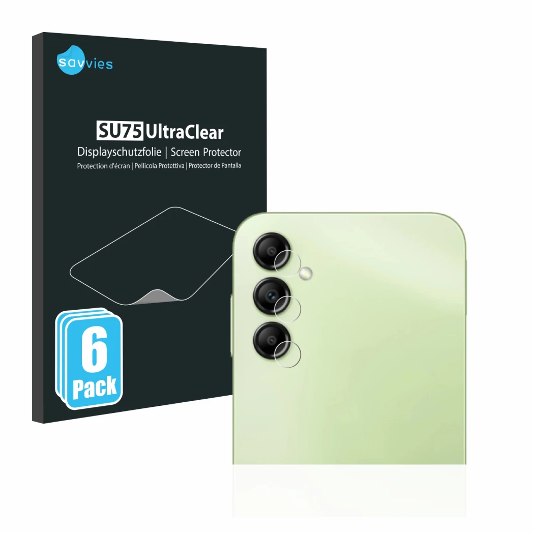 Vorderseite einer Produktverpackung mit dem Markenlogo Savvies. Daneben ist das Gerät Samsung Galaxy A14 4G (NUR Kameraschutz)