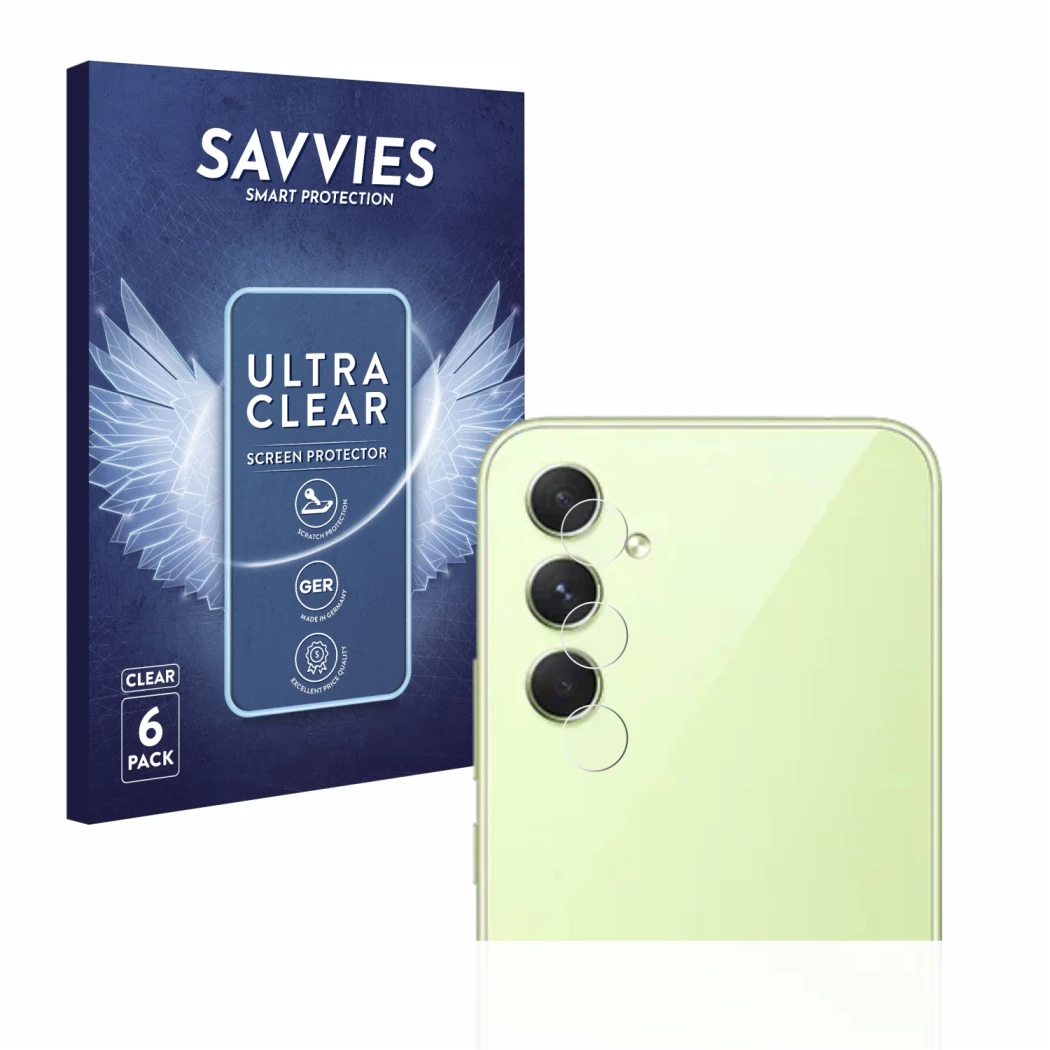 Vorderseite einer Produktverpackung mit dem Markenlogo Savvies. Daneben ist das Gerät Samsung Galaxy A54 5G (NUR Kameraschutz)