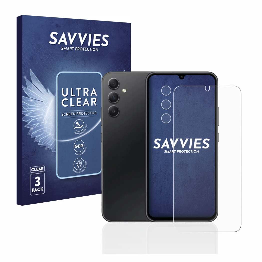 Vorderseite einer Produktverpackung mit dem Markenlogo Savvies. Daneben ist das Gerät Samsung Galaxy A34 5G (Display+Kamera) m