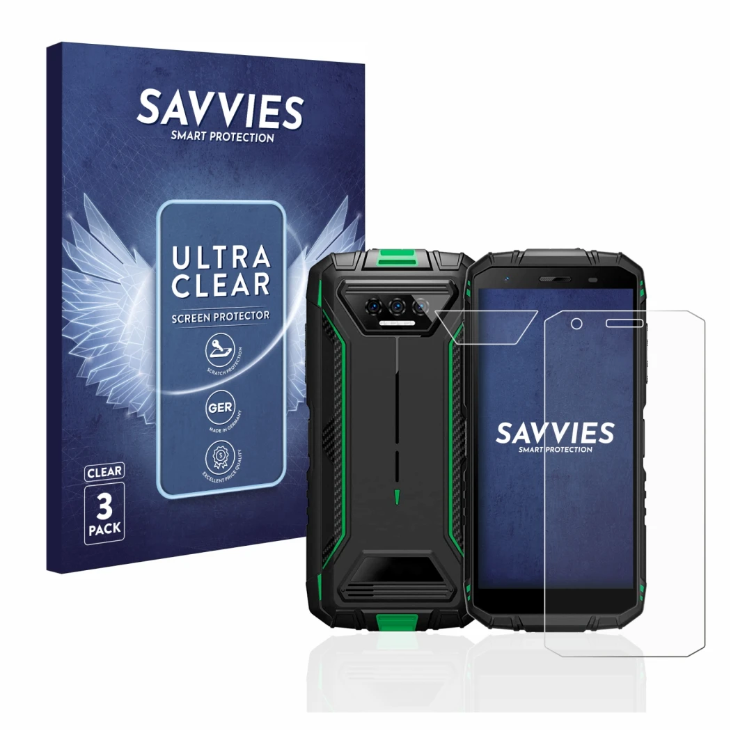 Vorderseite einer Produktverpackung mit dem Markenlogo Savvies. Daneben ist das Gerät Doogee S41 Pro (Display+Kamera) mit dem 
