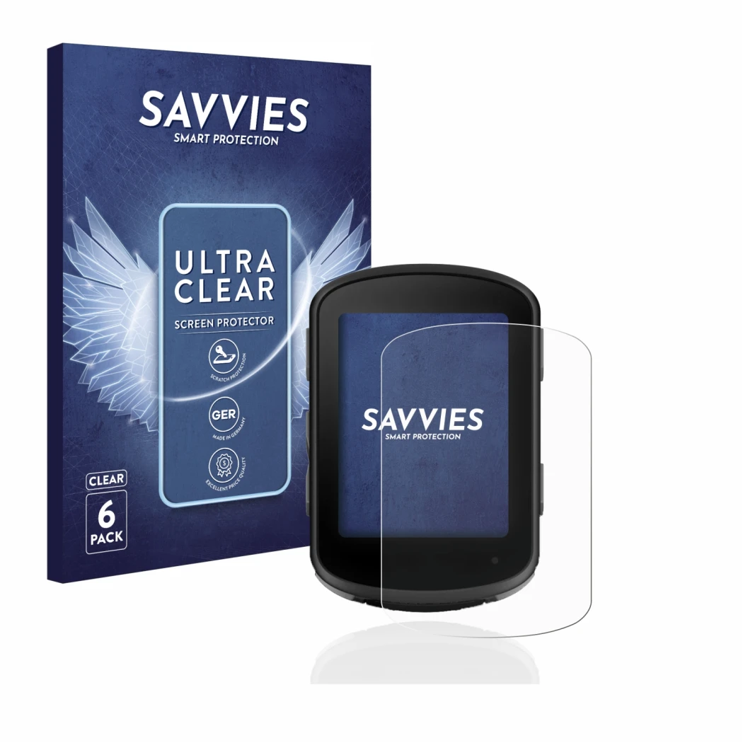 Vorderseite einer Produktverpackung mit dem Markenlogo Savvies. Daneben ist das Gerät Garmin Edge 540 mit dem zugehörigen Disp