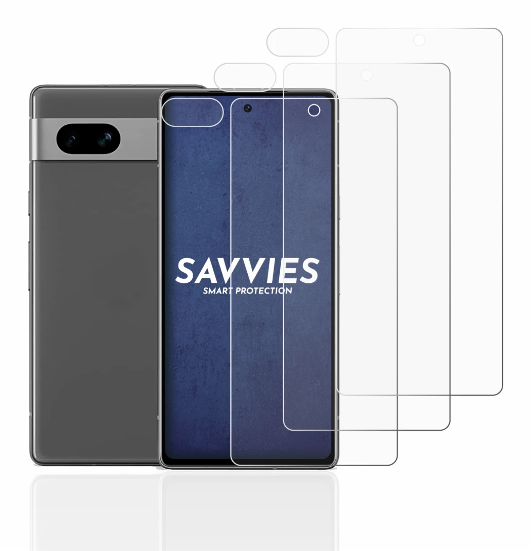 Abbildung des Geräts Google Pixel 7a (Display+Kamera) mit einer Vielzahl des Displayschutzes.