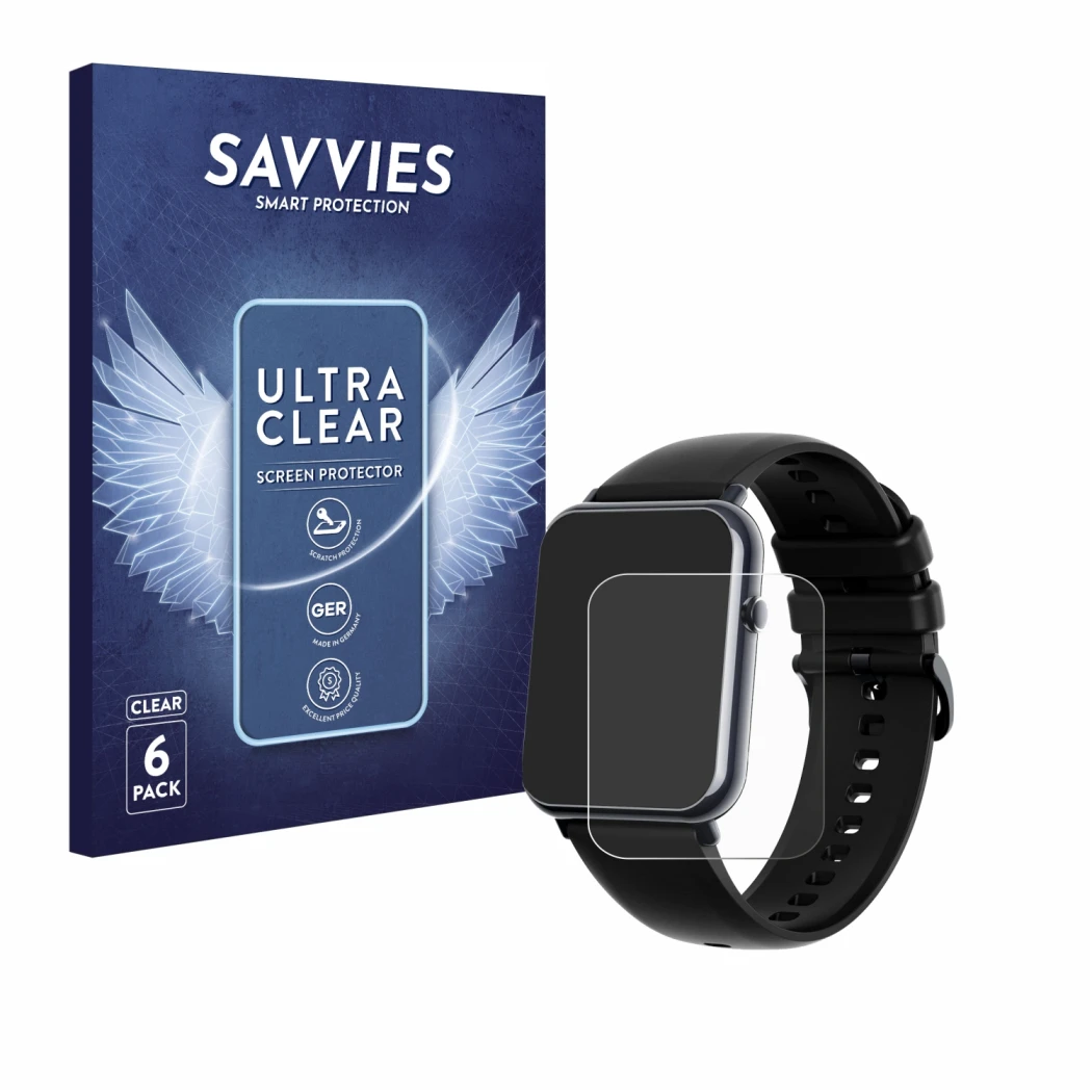 Vorderseite einer Produktverpackung mit dem Markenlogo Savvies. Daneben ist das Gerät Mutoy Smartwatch 1.69