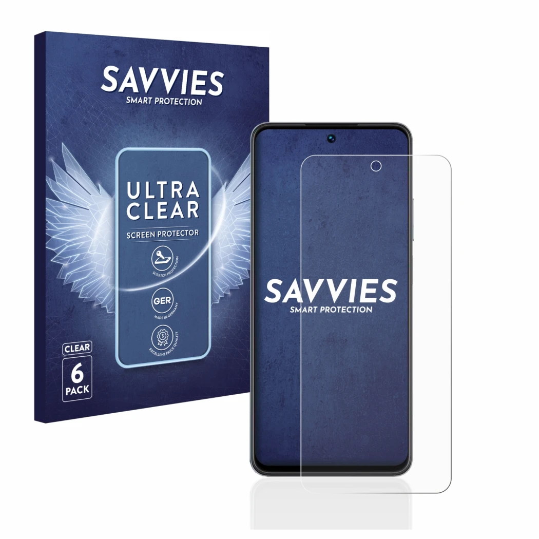 Vorderseite einer Produktverpackung mit dem Markenlogo Savvies. Daneben ist das Gerät realme C55 mit dem zugehörigen Displaysc