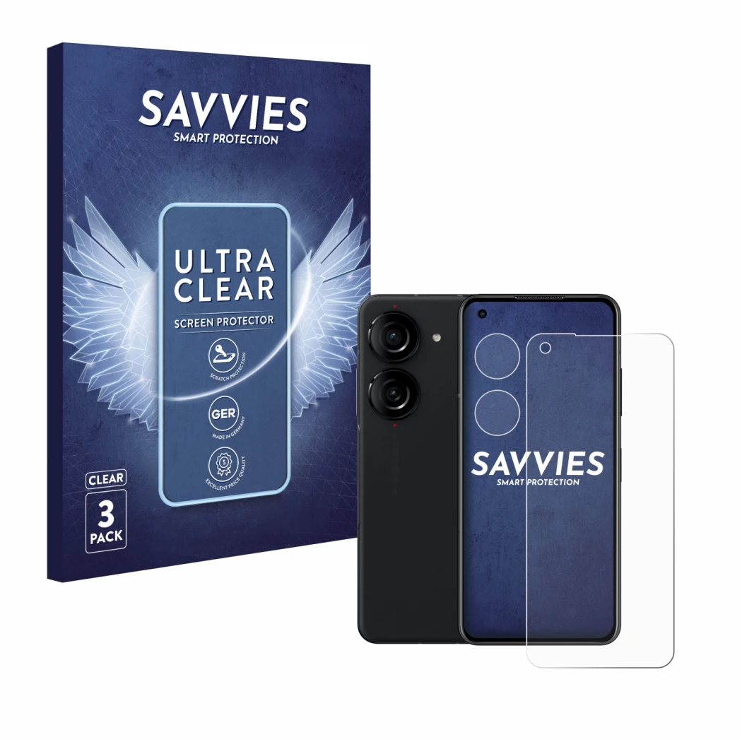 Vorderseite einer Produktverpackung mit dem Markenlogo Savvies. Daneben ist das Gerät ASUS ZenFone 10 (Display+Kamera) mit dem
