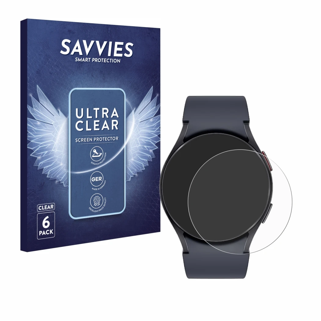 Vorderseite einer Produktverpackung mit dem Markenlogo Savvies. Daneben ist das Gerät Samsung Galaxy Watch 6 (40 mm) mit dem z
