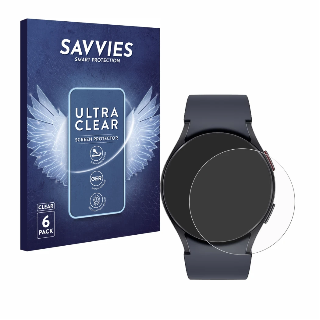 Vorderseite einer Produktverpackung mit dem Markenlogo Savvies. Daneben ist das Gerät Samsung Galaxy Watch 6 (44 mm) mit dem z