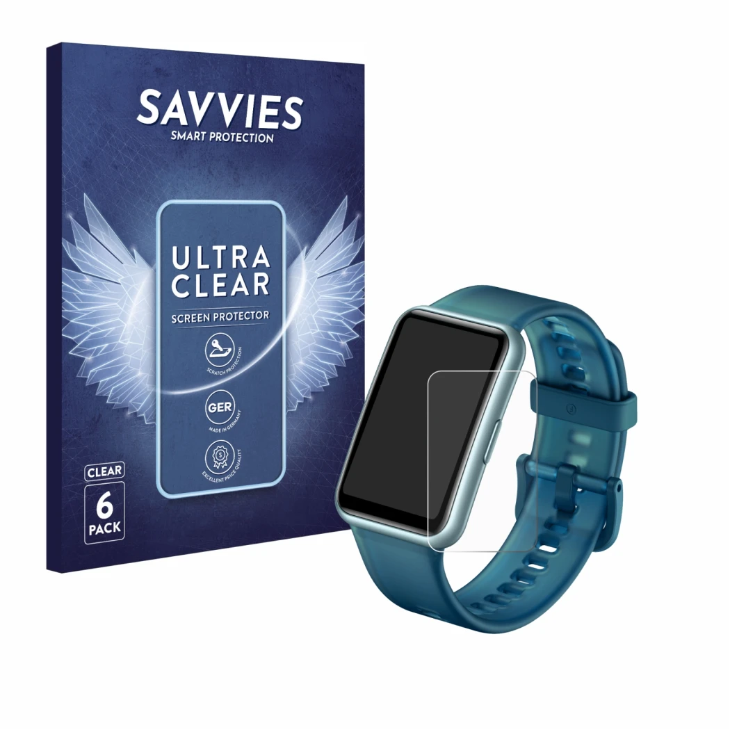 Vorderseite einer Produktverpackung mit dem Markenlogo Savvies. Daneben ist das Gerät Huawei Watch Fit Special Edition mit dem