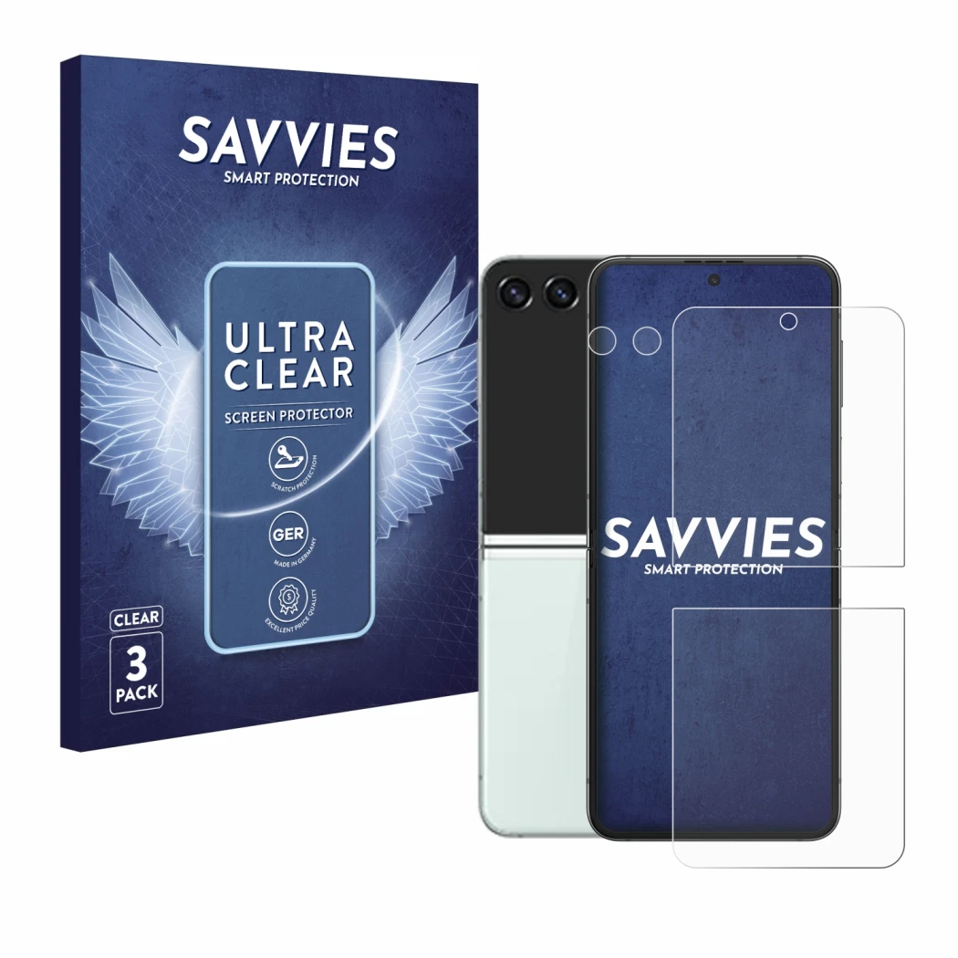 Vorderseite einer Produktverpackung mit dem Markenlogo Savvies. Daneben ist das Gerät Samsung Galaxy Z Flip 5 (Display+Kamera)