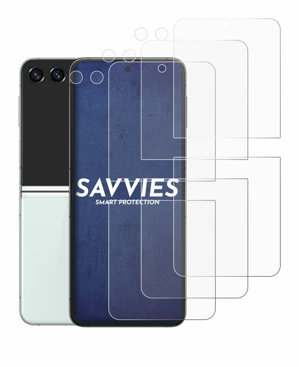 Abbildung des Geräts Samsung Galaxy Z Flip 5 (Display+Kamera) mit einer Vielzahl des Displayschutzes.