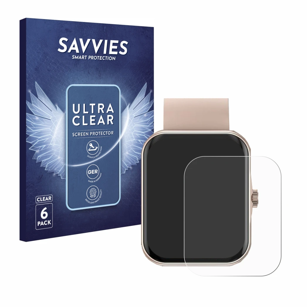 Vorderseite einer Produktverpackung mit dem Markenlogo Savvies. Daneben ist das Gerät Mutoy Smartwatch 1.83
