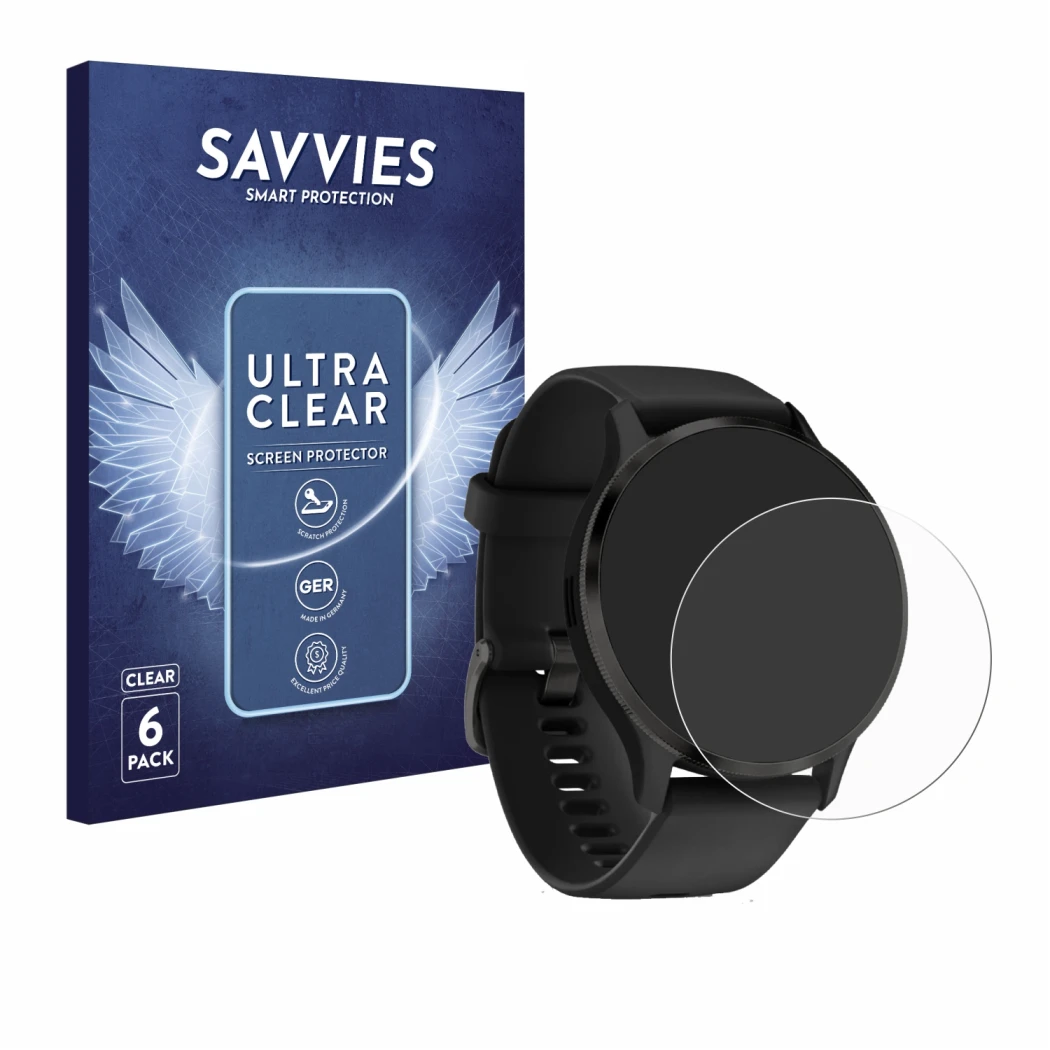 Vorderseite einer Produktverpackung mit dem Markenlogo Savvies. Daneben ist das Gerät Garmin Venu 3S mit dem zugehörigen Displ